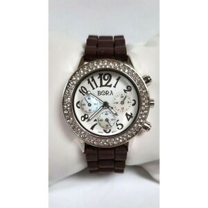 Bora Women's Watch Brown Numbers Silicone Band Quartz Crystal Bezel Pre-owned